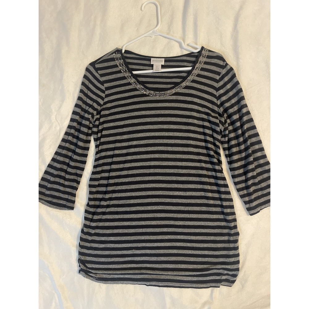 Motherhood Maternity Top womens Small Black Grey Striped 3/4 Sleeve Pregnancy